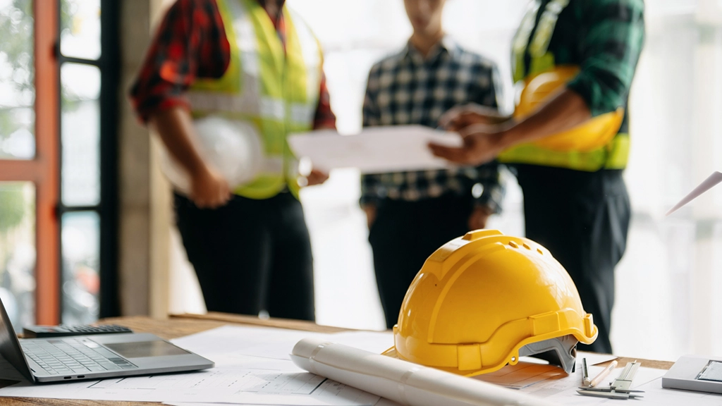Construction workers wearing complete PPE including hard hats, safety vests, and protective eyewear at job site 